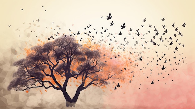 Акварельное весеннее дерево с летающими птицами