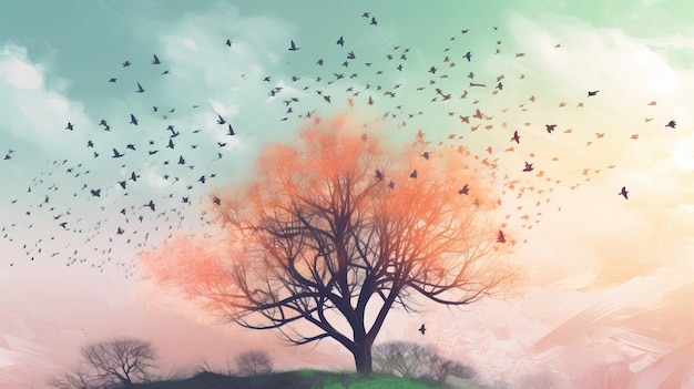 Watercolor Spring Tree with Flying Birds