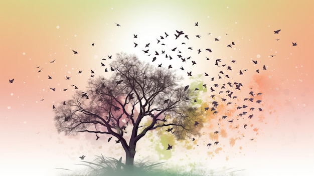 Watercolor Spring Tree with Flying Birds