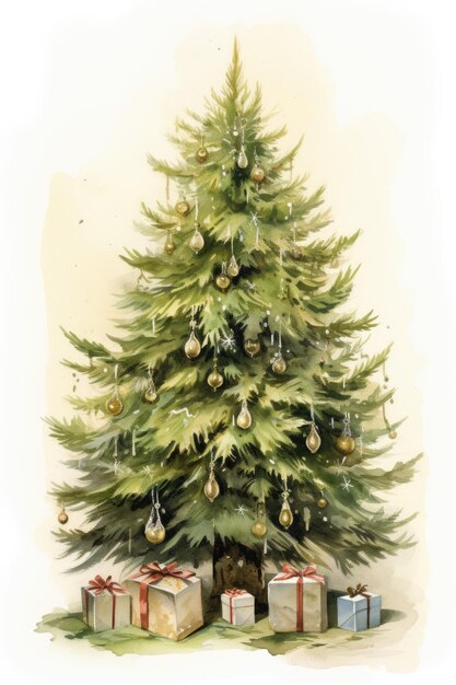 Watercolor spruce tree decorated with retro ornaments Generative AI