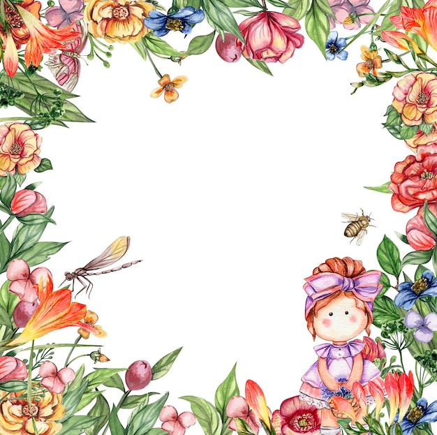 Watercolor square flower frame in cartoon style with a cute girl doll in a dress