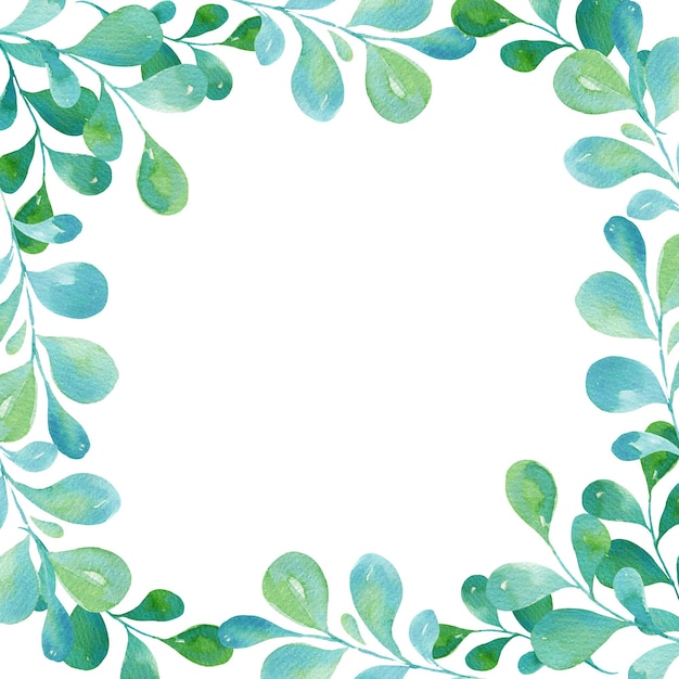 Photo watercolor square frame with green and blue leaves gradient in illustration sketch green