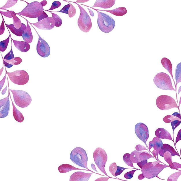 Foto cornice quadrata ad acquerello con foglie rosa magenta gradiente in illustrazione schizzo viola e viola