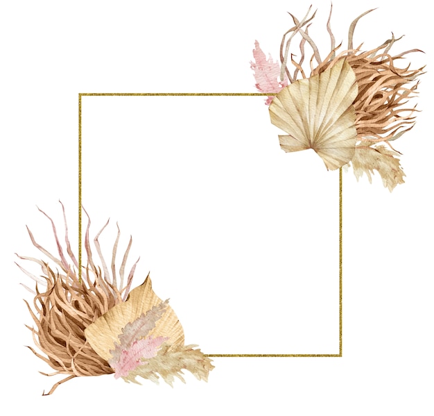 Watercolor square golden frame with tropical leaves and pampas grass