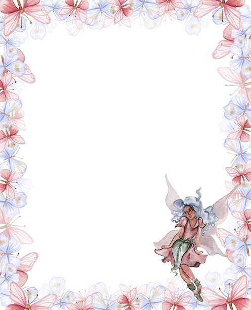 Watercolor square spring flowers frame in cartoon style with a flower fairy
