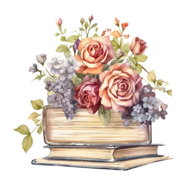 watercolor stack of books and flowers white background scrapbook clipart