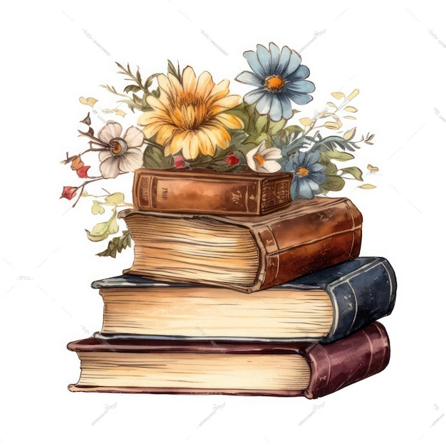 watercolor stack of books and flowers on white background