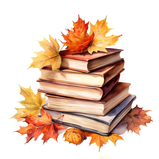 Photo watercolor stack of books and orange autumn leafs generative ai