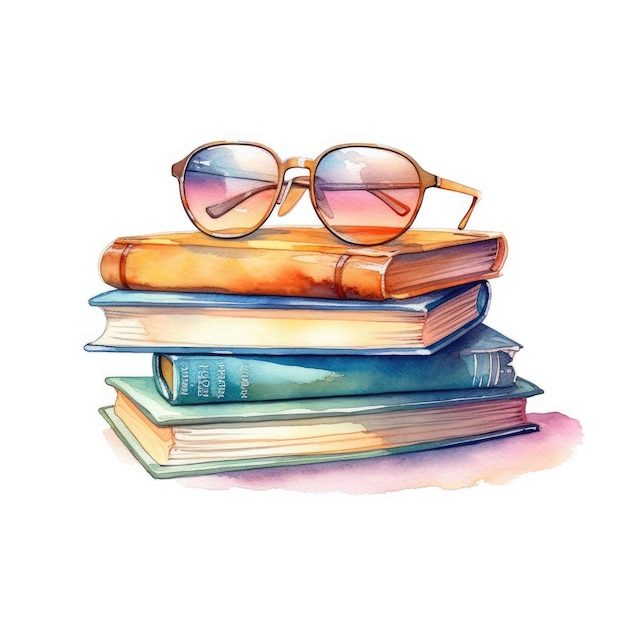 Watercolor of A stack of books with sunglasses