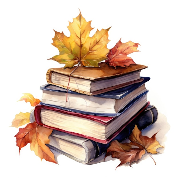 Фото Акварельная стопка книг и оранжевые осенние листья генеративный ии