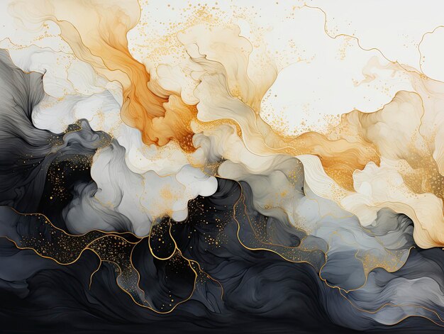 Watercolor stains splashes blots waves in soft beige white black with gold veins