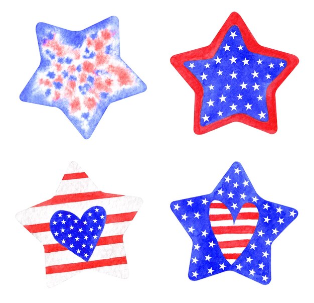 Watercolor stars in the colors of American symbols Set of stars located on white background For the design of holiday cards stickers banners flyers logos and other printing