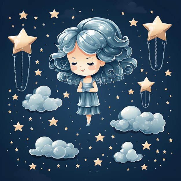 Watercolor stars moon ornaments clouds angel figurines celestial silver clipart on white bg tshirt