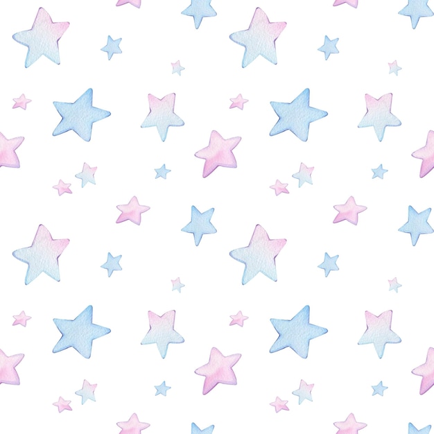 Watercolor stars seamless pattern Hand drawn pink and blue stars