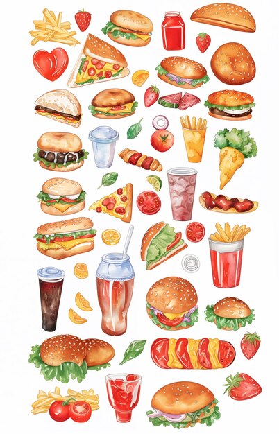 Watercolor stickers assorted food