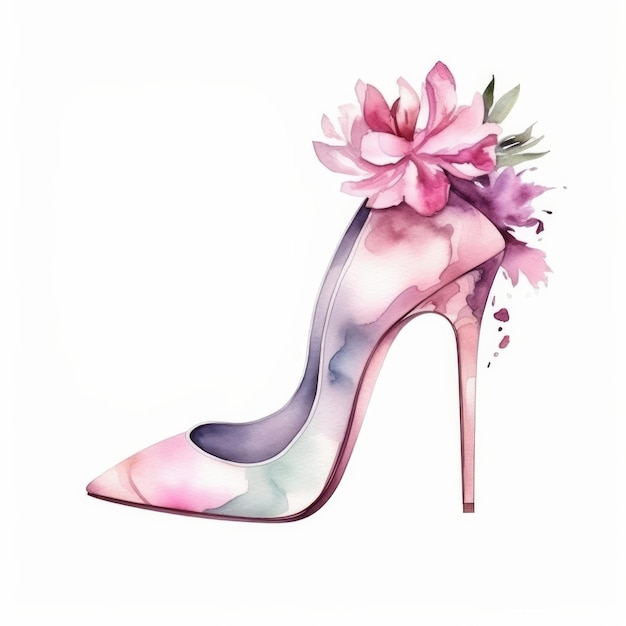 Watercolor stiletto heel with flowers Illustration AI GenerativexA