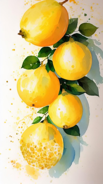 흰색 테이블에 있는 신선한 레몬의 수채화 정물 Generative AI