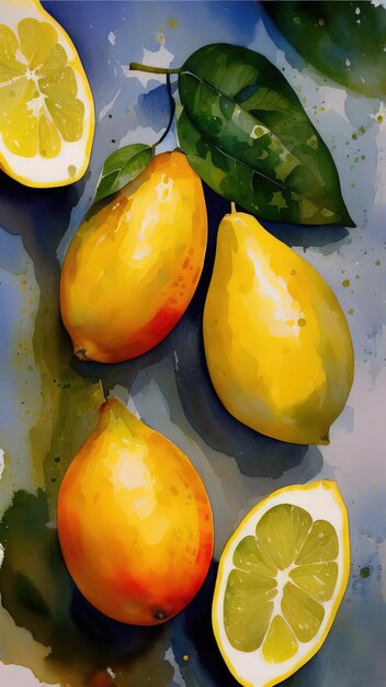 Watercolor still life of fresh lemons on a white table generative ai