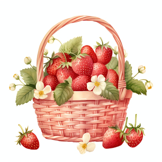 Watercolor Strawberry in basket watercolor clipart illustration