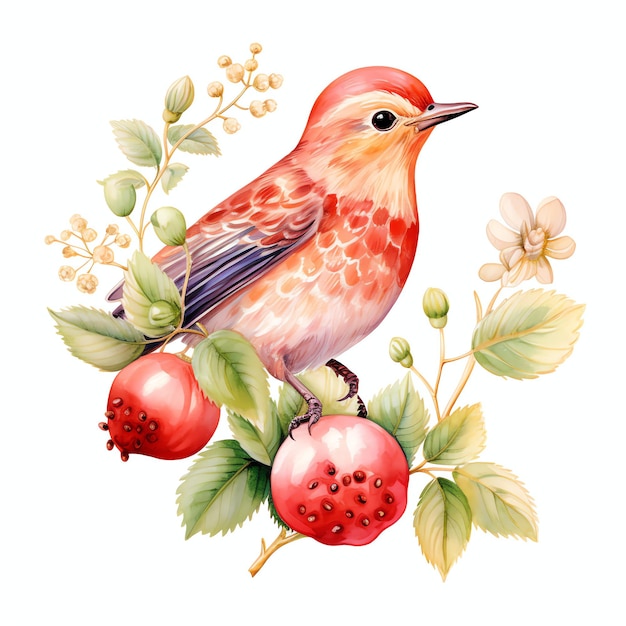 水彩のイチゴの鳥の水彩クリップアートイラスト