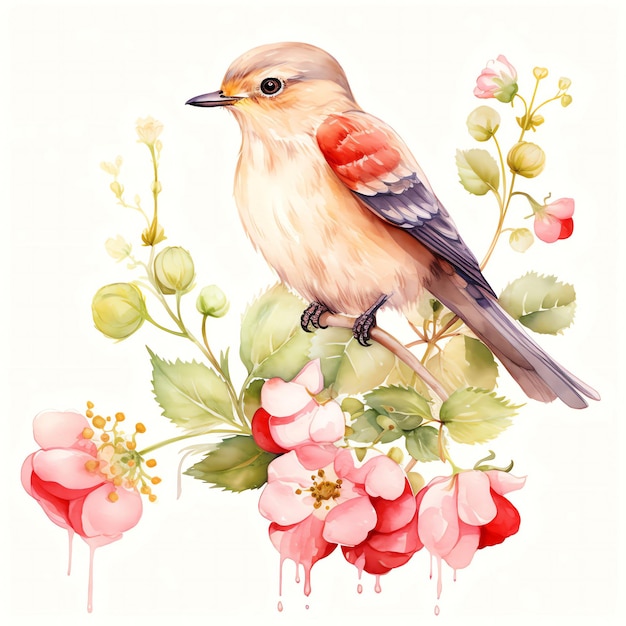 Watercolor Strawberry bird watercolor clipart illustration