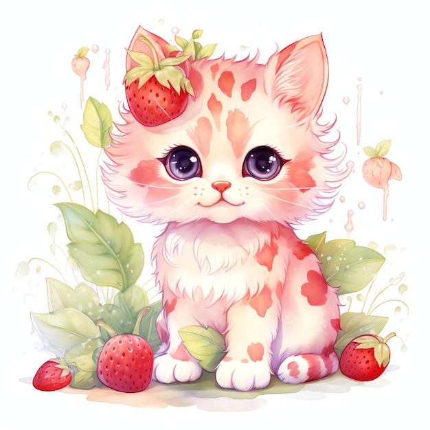 Watercolor Strawberry cat watercolor clipart illustration