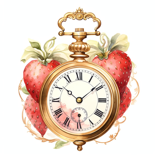 Watercolor Strawberry clock watercolor clipart illustration