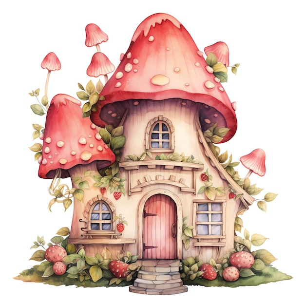 Watercolor Strawberry Cottagecore fairy house watercolor clipart illustration