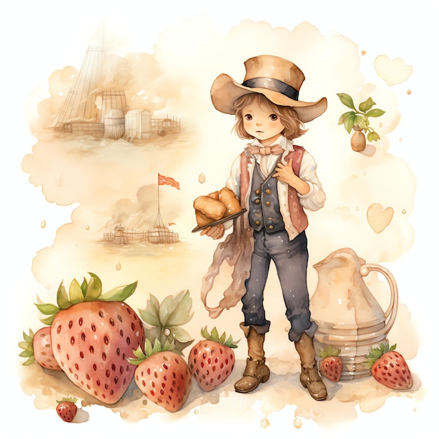 Watercolor Strawberry farmer catoon watercolor clipart illustration