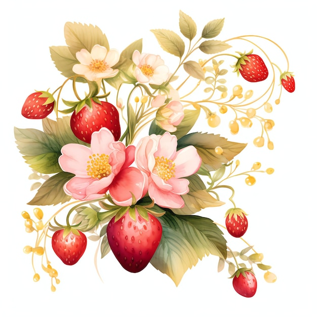 Watercolor Strawberry garden watercolor clipart illustration