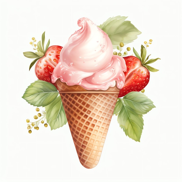 Watercolor Strawberry icecream with mint leaves on watercolor clipart illustration