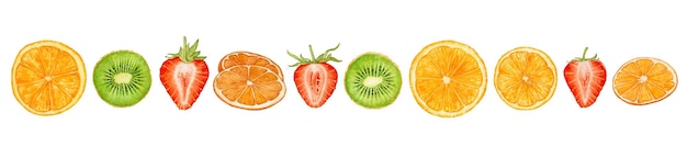 Photo watercolor strawberry orange kiwi slices isolated on white background