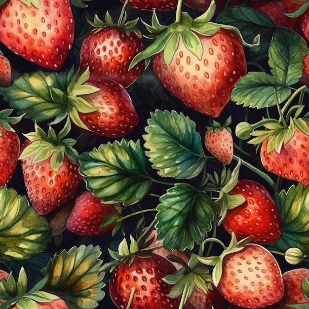 Watercolor strawberry seamless pattern Flowers leaves berries petals Digital paper packaging print fabric surface