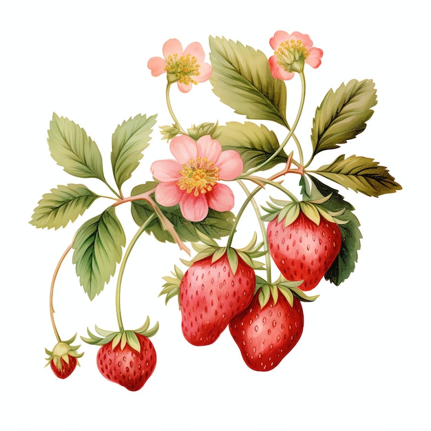 Watercolor Strawberry on a tree branch with leaves watercolor clipart illustration