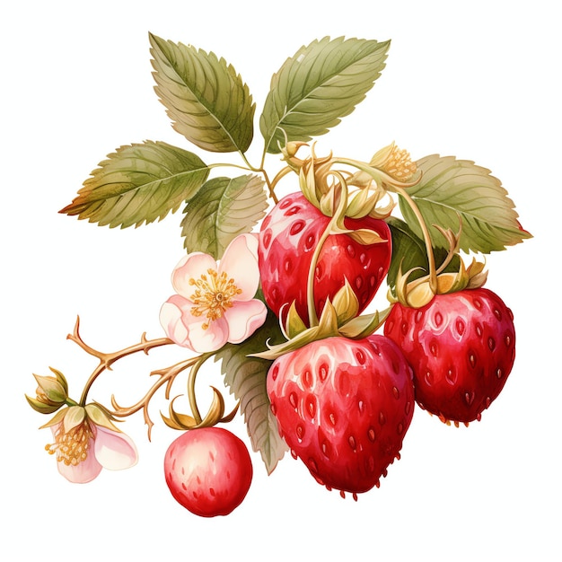 Watercolor Strawberry on a tree branch with leaves watercolor clipart illustration