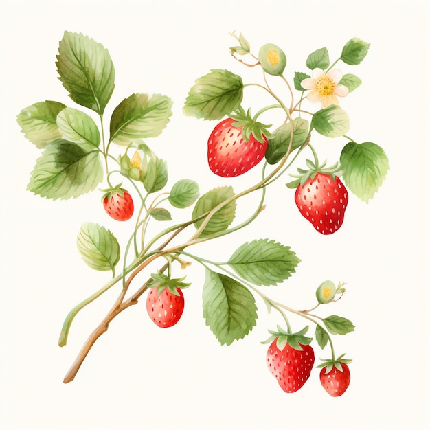 Watercolor Strawberry on a tree branch with leaves watercolor clipart illustration