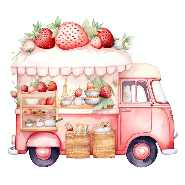 Watercolor Strawberry truck watercolor clipart illustration