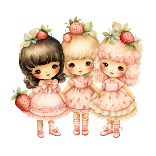 Watercolor strawberry vintage shortcake doll and her friends watercolor clipart