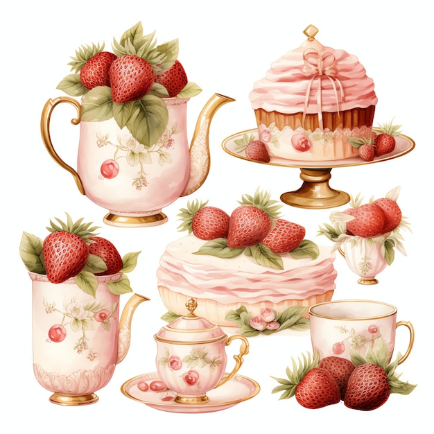 Photo watercolor strawberry vintage tea party watercolor clipart illustration