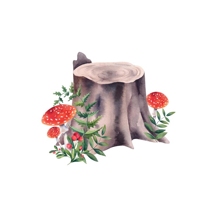 Photo watercolor stump on a white background forest illustration with fly agaric fern and lingonberry clipart for designers postcard printing logo icon