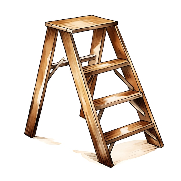 Watercolor of a Sturdy Wooden Step Ladder With a Vintage Dis Home Accents on White Back Ground