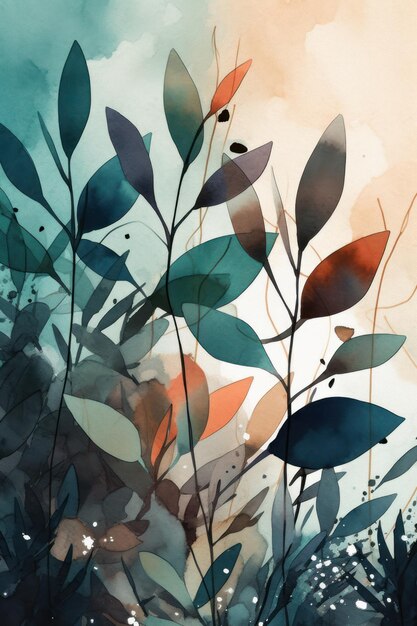 Watercolor style abstract painting of minimalistic plants generative ai