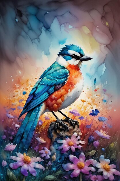 Watercolor style bird oil painting wallpaper illustration background azaleas magpies on flowers