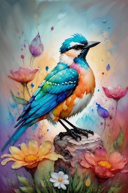 Watercolor style bird oil painting wallpaper illustration background azaleas magpies on flowers