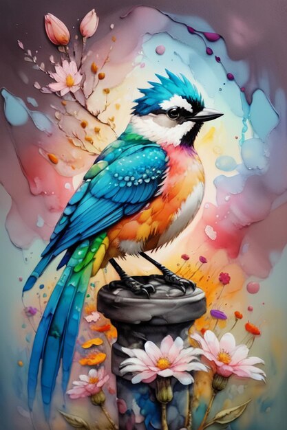 Watercolor style bird oil painting wallpaper illustration background azaleas magpies on flowers