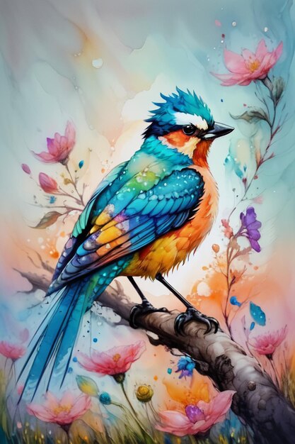 Watercolor style bird oil painting wallpaper illustration background azaleas magpies on flowers