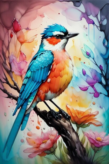 Watercolor style bird oil painting wallpaper illustration background azaleas magpies on flowers