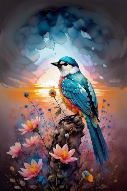 Watercolor style bird oil painting wallpaper illustration background azaleas magpies on flowers