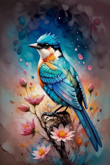 Watercolor style bird oil painting wallpaper illustration background azaleas magpies on flowers