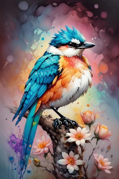 Watercolor style bird oil painting wallpaper illustration background azaleas magpies on flowers